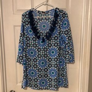Mud Pie Blue  3/4 Sleeve Tunic or beach cover up. Fringe at neck. So cute!
